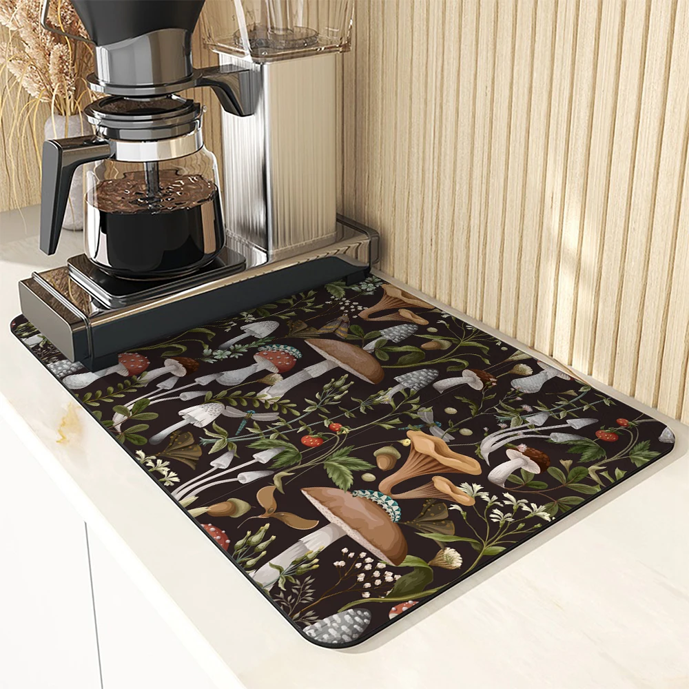 Plants Mushrooms Drying Mat Absorbent Coffee Drain Pad Rubber Tableware Draining Pad Quick Dry Rug Kitchen Dinnerware Placemat