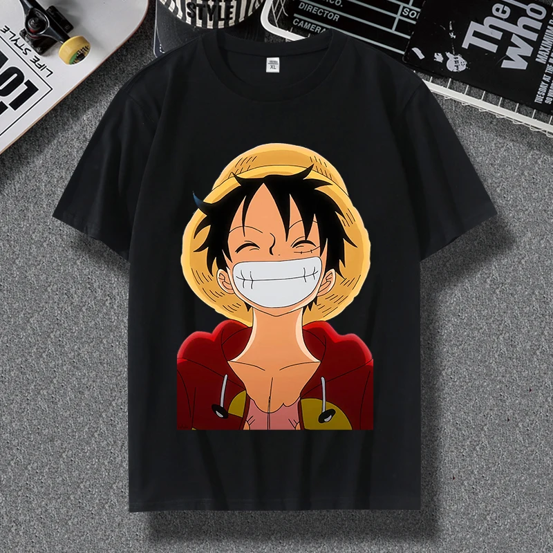 

ONE PIECE Luffy Roronoa Zoro Anime Peripheral Loose Cotton Short Sleeve T-Shirt College Style Top Summer Parent-Child Wear