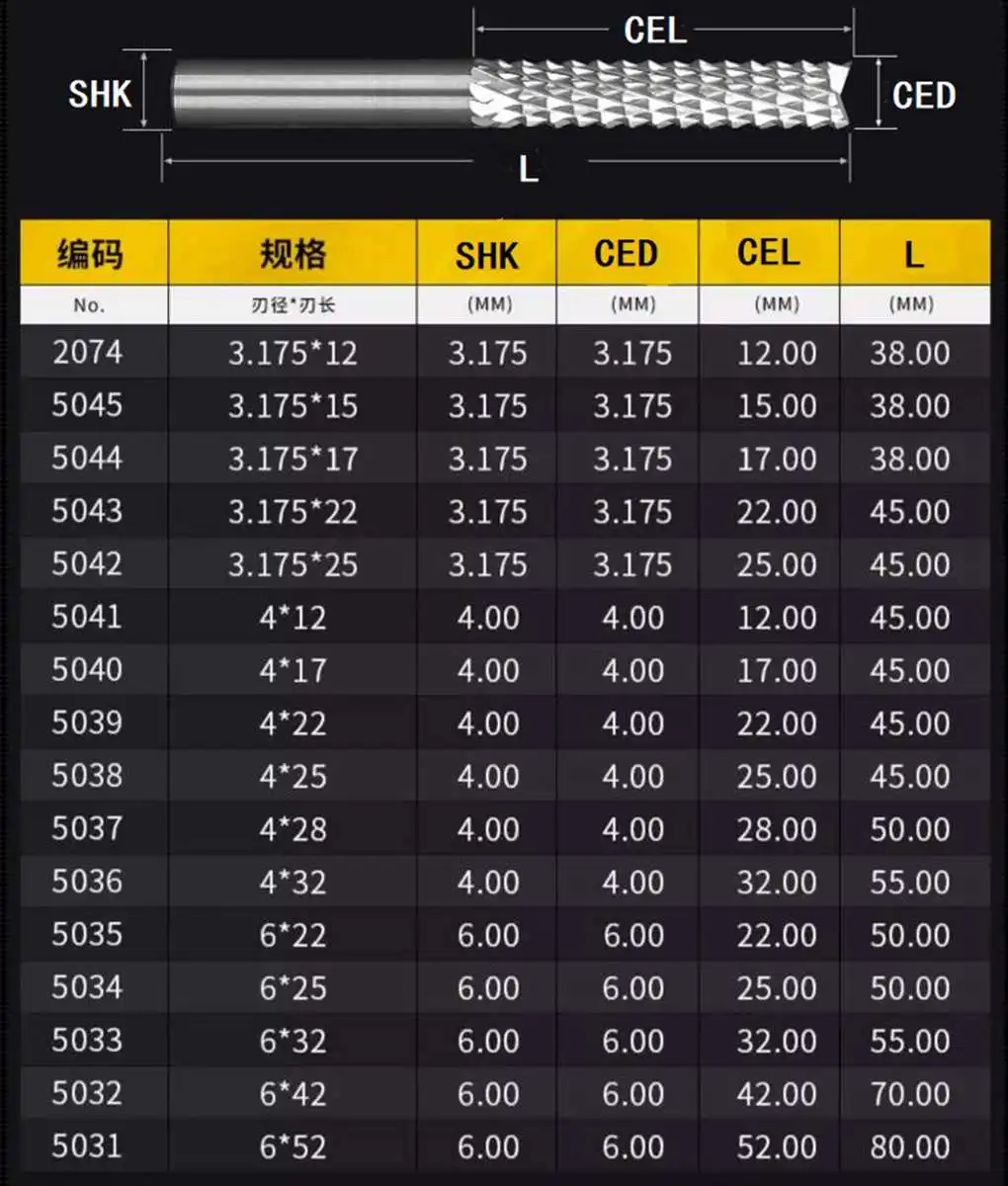 Shank Dia 3.175-6mm Cut Edge Length 12-52mm PCB CNC Engraving Bits End Milling Cutter Cutting Drill Hole Endmill Carving