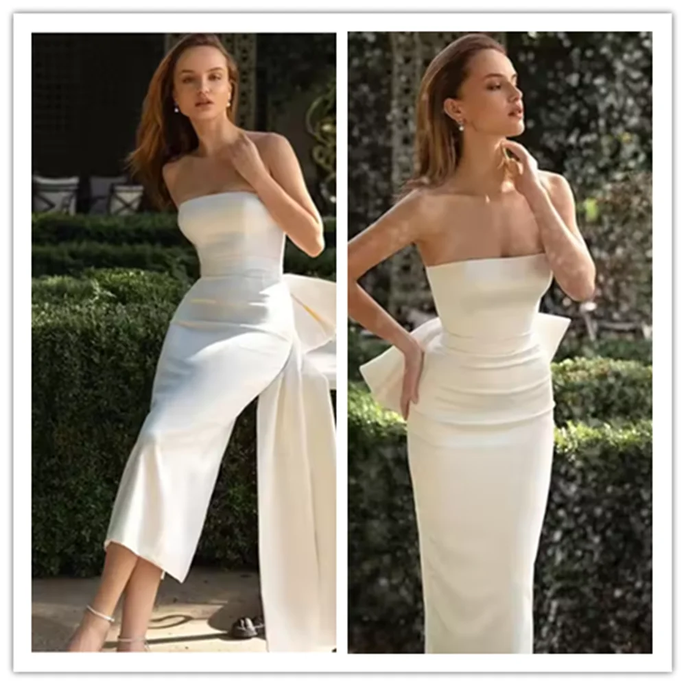 White Wedding Dresses Strapless Split Bridal Dress With Bow Sexy Tea-Length Sleeveless Satin Wedding Gowns Customized