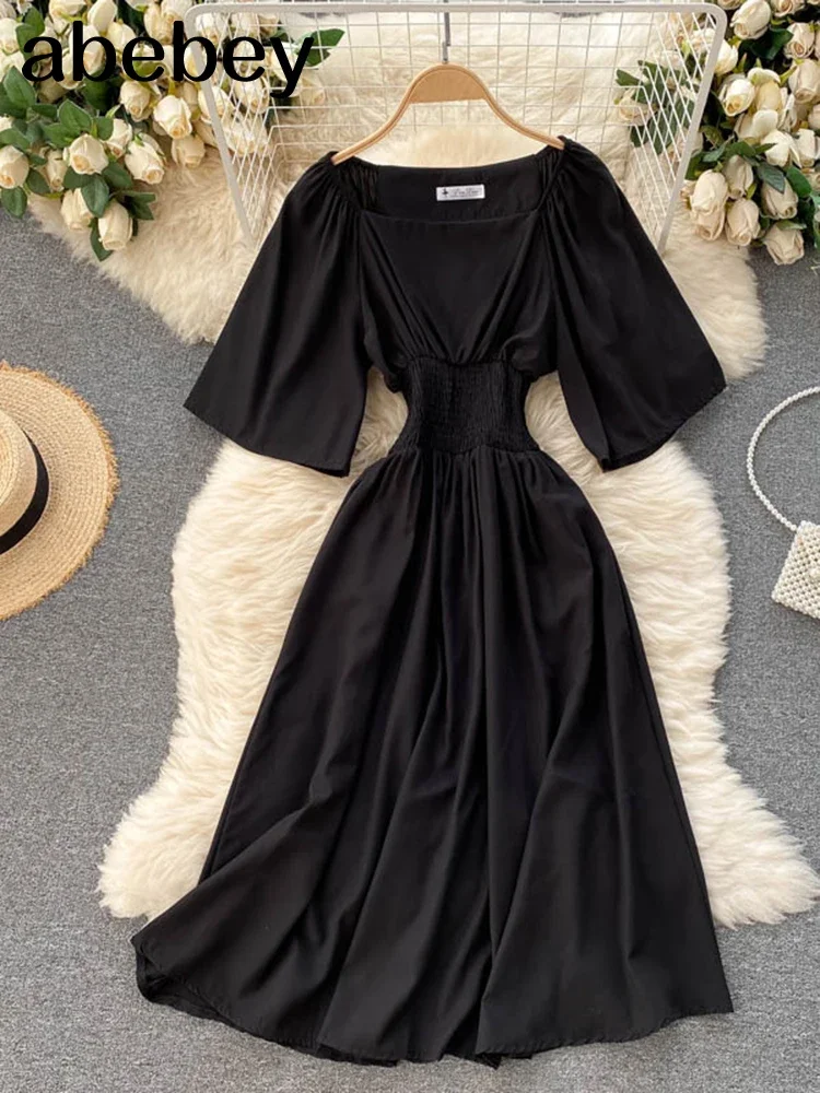 Korean Sweet Solid Women Square Collar Flying Sleeve Ruffle A-line Dresses Summer Boho  Chiffon Midi Dress