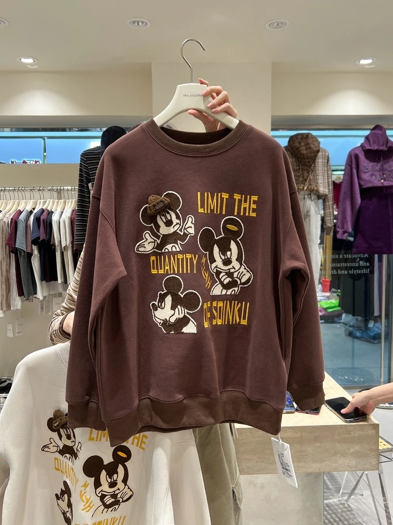 Loose Oversized Sweatshirt For Women's 2025 Autumn Winter Cartoon Embroidery Stylish Youthful Round Neck Pullover Hoodies Ladies