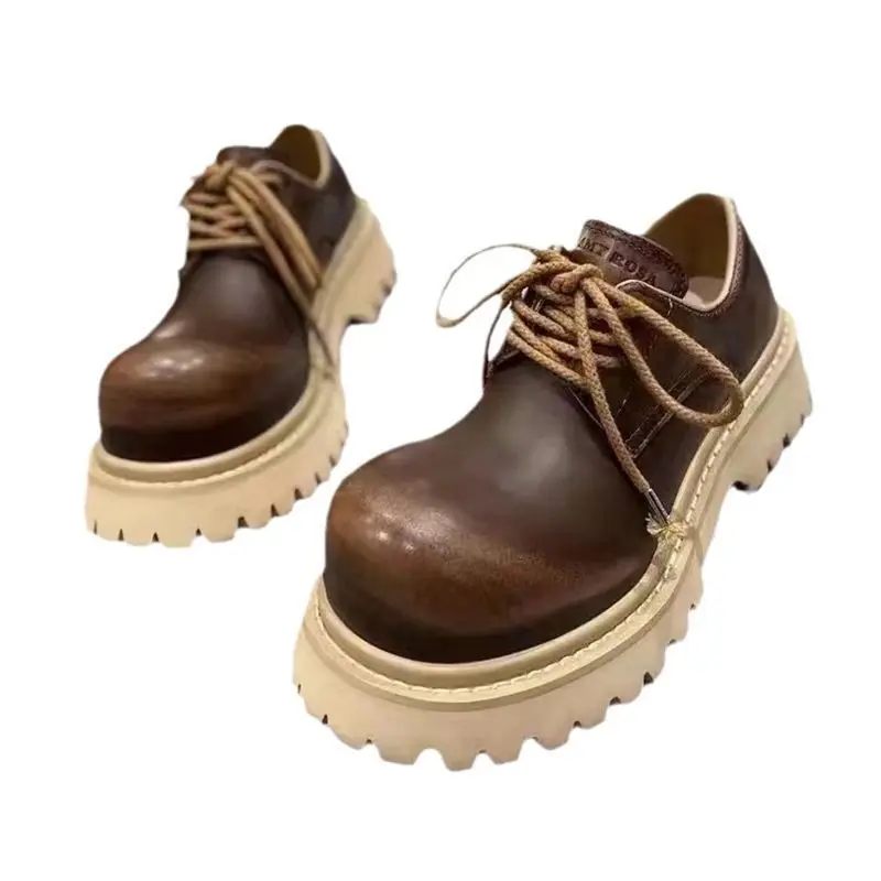 

2025 Men's Big Head British Polished Retro Platform Heightening Small Leather Round Head Loafers Derby Shoes