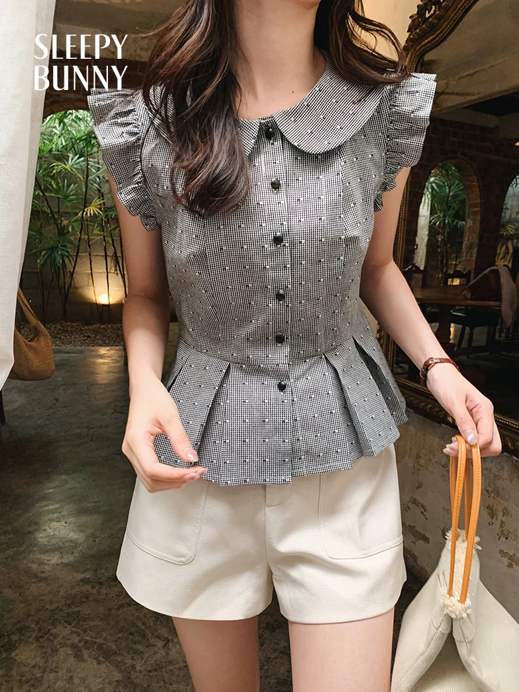 Vintage Plaid Ruffle Sleeve Blouse Women Summer Slim Fit Button Down Flared Hem Top Retro Checkered Shirt Casual Cute Style