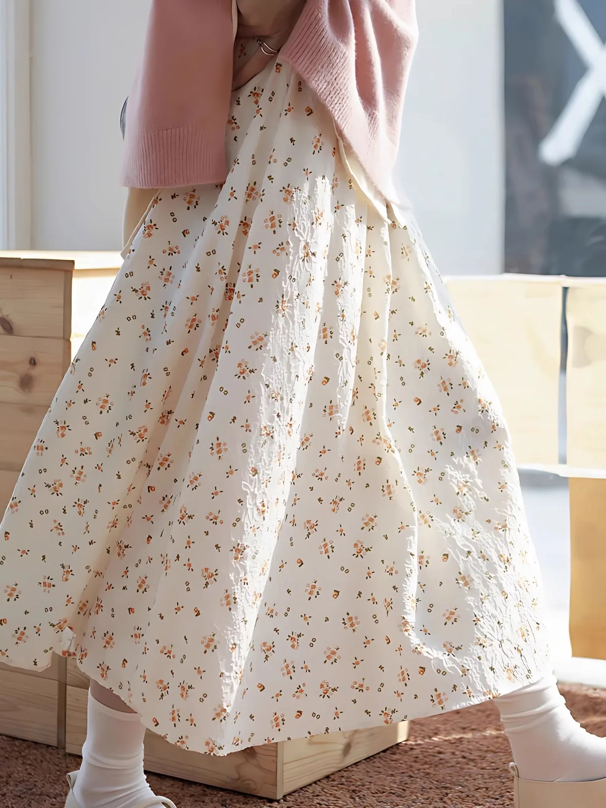 

Floral Half Skirt Women's Korean Style Spring Autumn Versatile Gentle Style Small Umbrella Skirt High Waist A-Line Long...