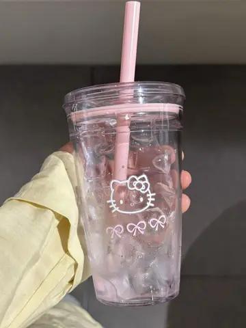 Sanrio Hello Kitty Pink Straw Cup Large-Capacity Transparent Plastic Water Cup Kawaii Plastic Student Portable Cup Birthday Gift