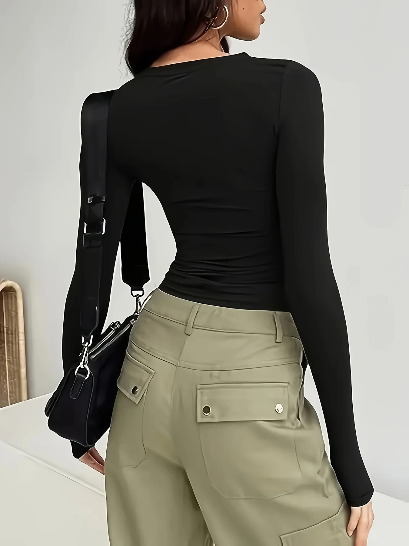 Damen-T-Shirt für Pendlerinnen, lässig, schlicht und modisch, einfarbig, mit langen Ärmeln – Detail 5