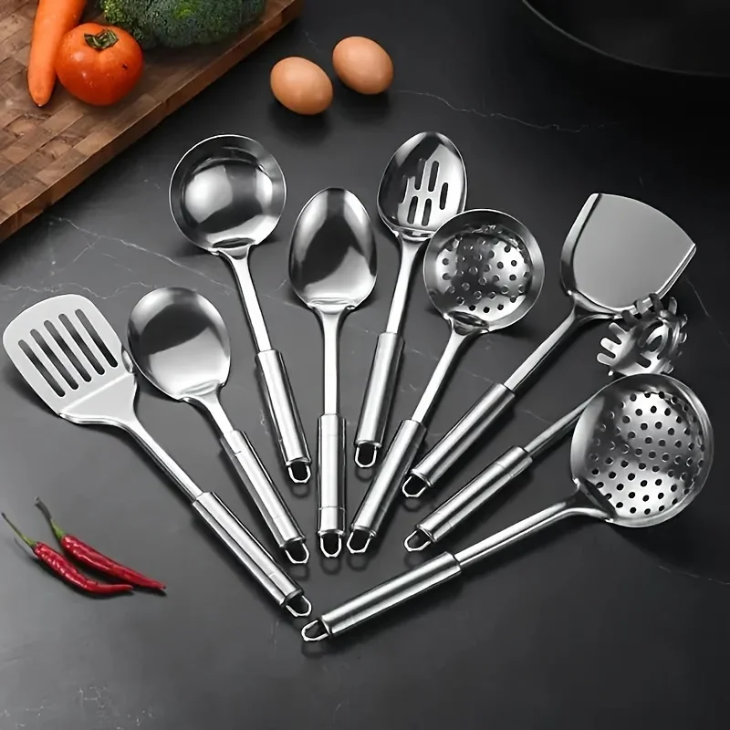 9-Piece Modern Stainless Steel Cooking Utensil Set - Non-Stick, Washable, Easy Storage, Ideal for Home Chefs and Culinary