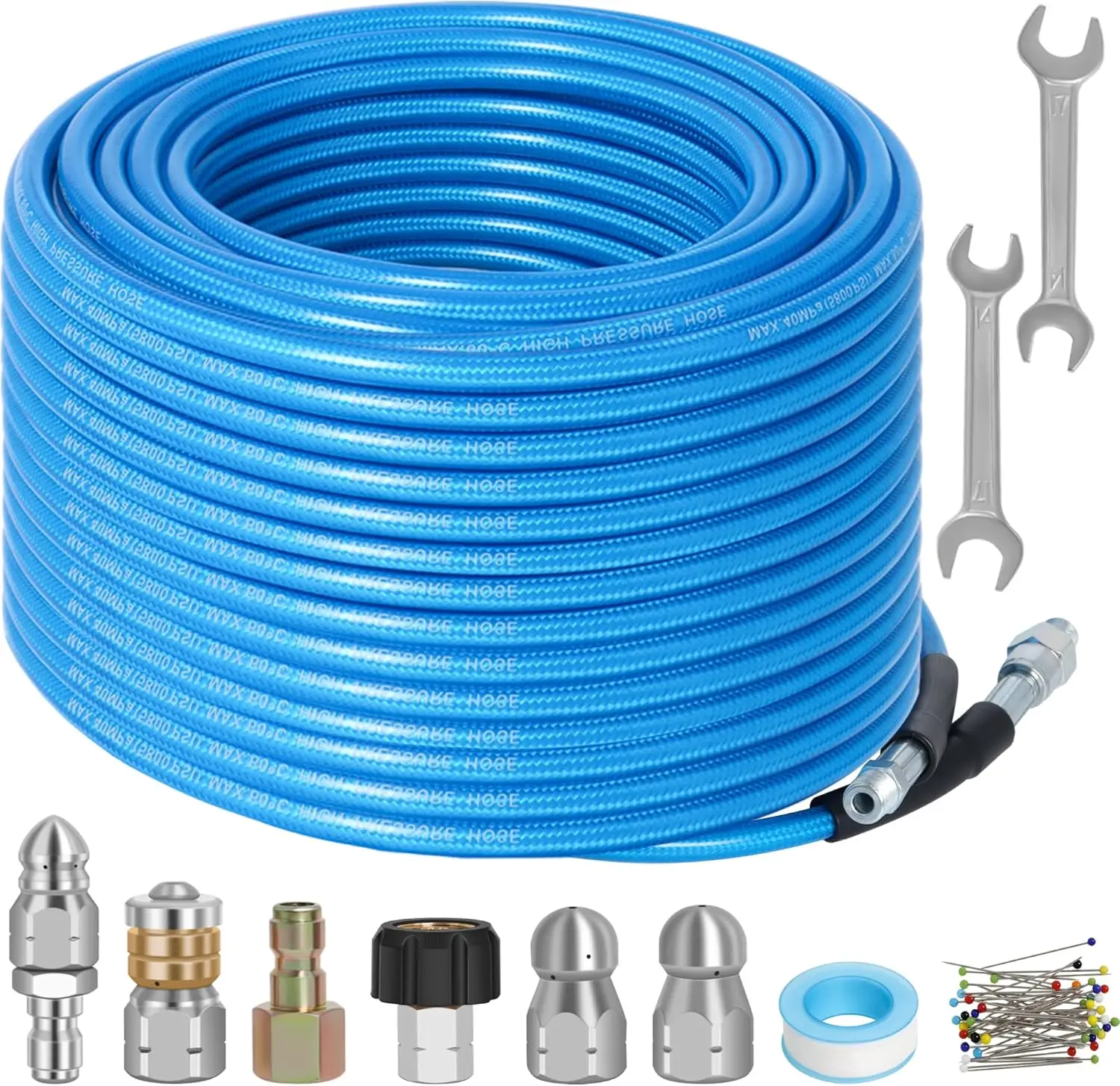 

100 FT Sewer Jetter Kit for Pressure Washer, 5800PSI Water Jet Drain Cleaner Hose, 1/4 Inch NPT Corner with 4 Sewer Jetting N