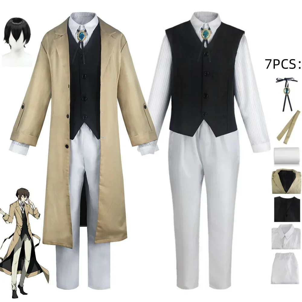 

Anime Bungo Stray Dogs Dazai Osamu Cosplay Costume Wig Detective Uniform Men Uniform Trench Coat Shirt Vest Pants Suit Halloween