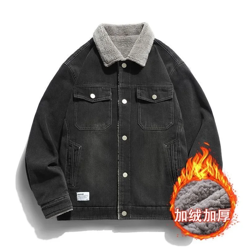 

2025 Winter New Fashion Solid Color Plus Fleece Thickened Warm Denim Jacket Men's Casual Loose Comfortable Large Size Coat M-4XL
