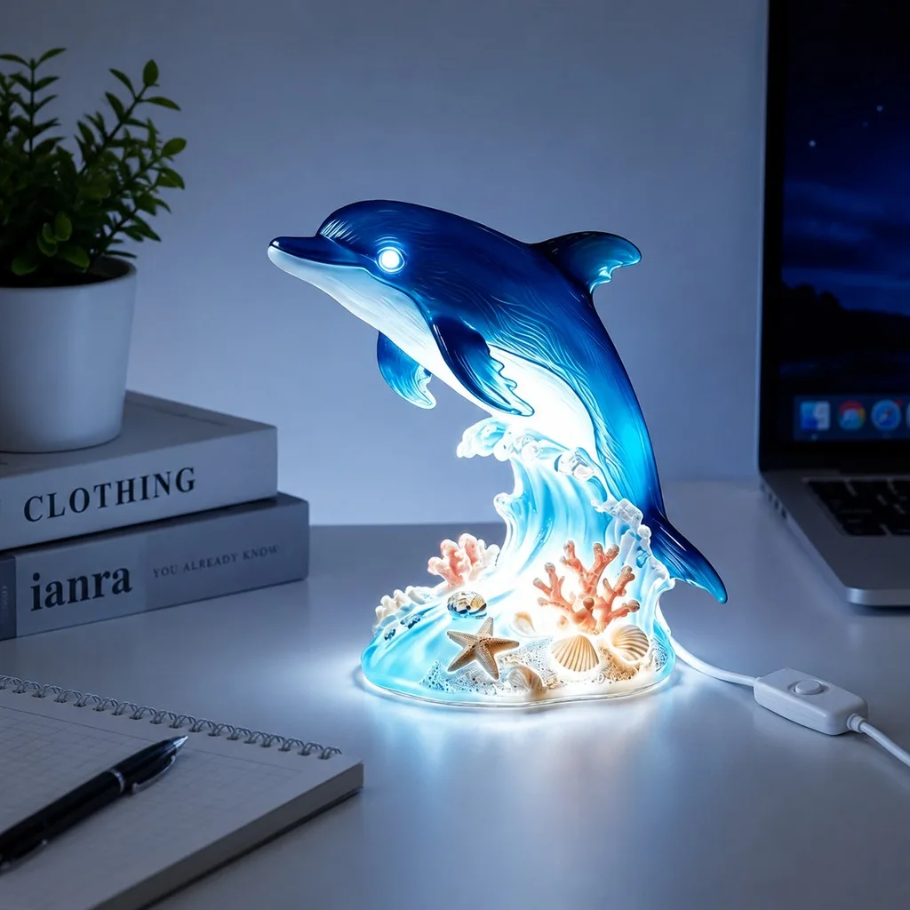 LED Dolphin Night Light Resin Coral Base USB Desk Lamp Office Ambient Decor 1PC