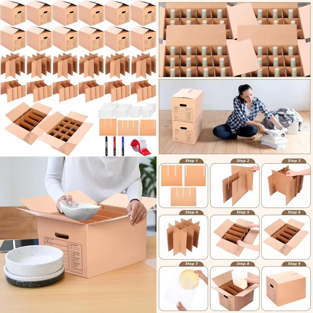 

Набор для переезда на кухню из 12 предметов с отверстиями для переноски, 16x12x13 дюймов, включая разделители для стеклянной посуды, коробки для чашек и тарелок, и упаковочный тейп