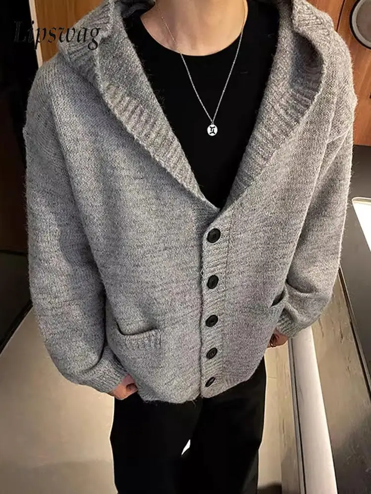 

Модный мужской вязаный свитер с капюшоном, куртка, пальто, уличная одежда, винтажные вязаные кардиганы на пуговицах, мужские стильные однотонные свитера