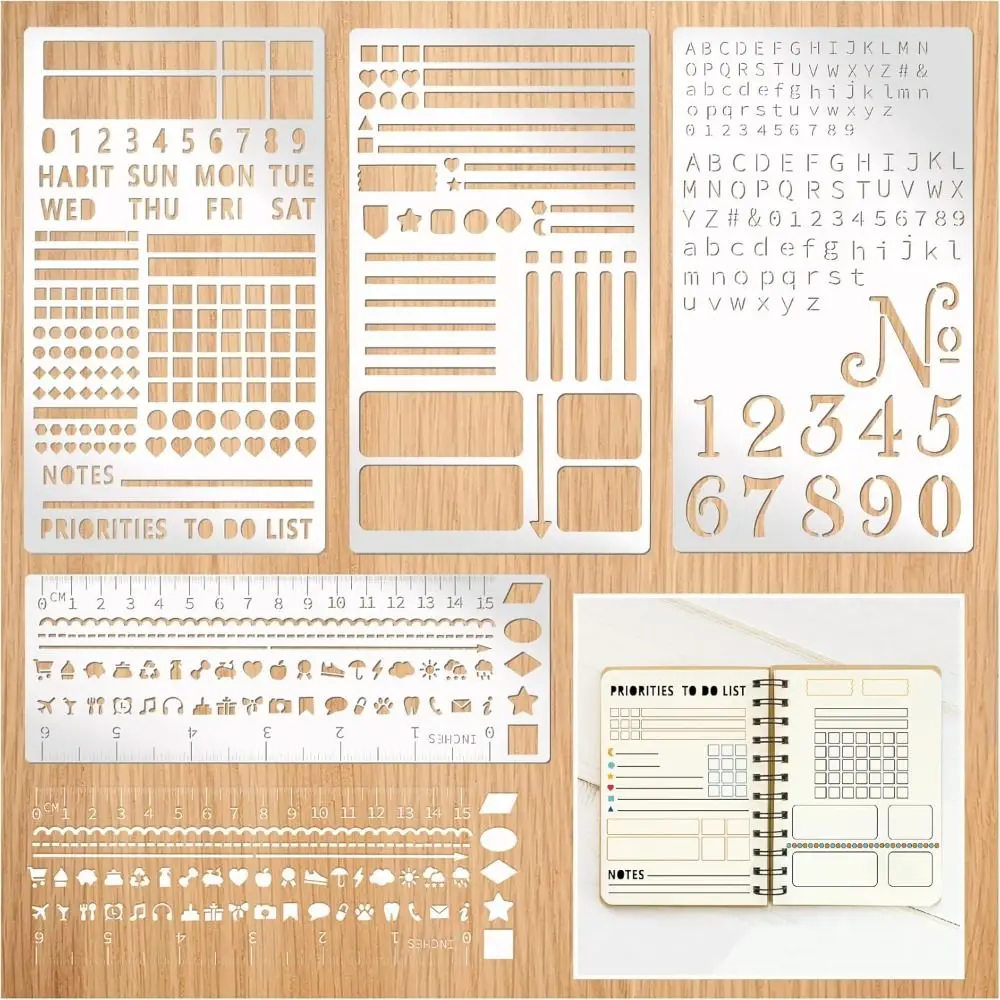 4 Pieces DIY Accessories DIY Metal Planner Stencil Reusable Rust-proof Letter Template Planner Ruler Scrapbooks