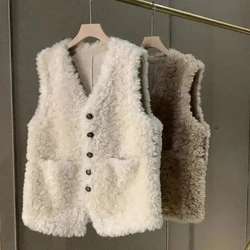 Chaleco de lana de cordero para mujer, chaqueta sin mangas ajustada con botonadura única, Top corto informal cálido, primavera y otoño, 2024