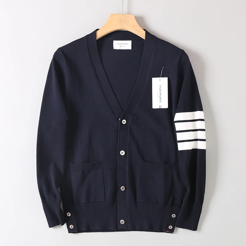 

High-End Knitted Open Cardigan Sweater Men Women Color Woven Stripe Line Spring Autumn Trendy Outerwear Straight Cut V-Ne L...