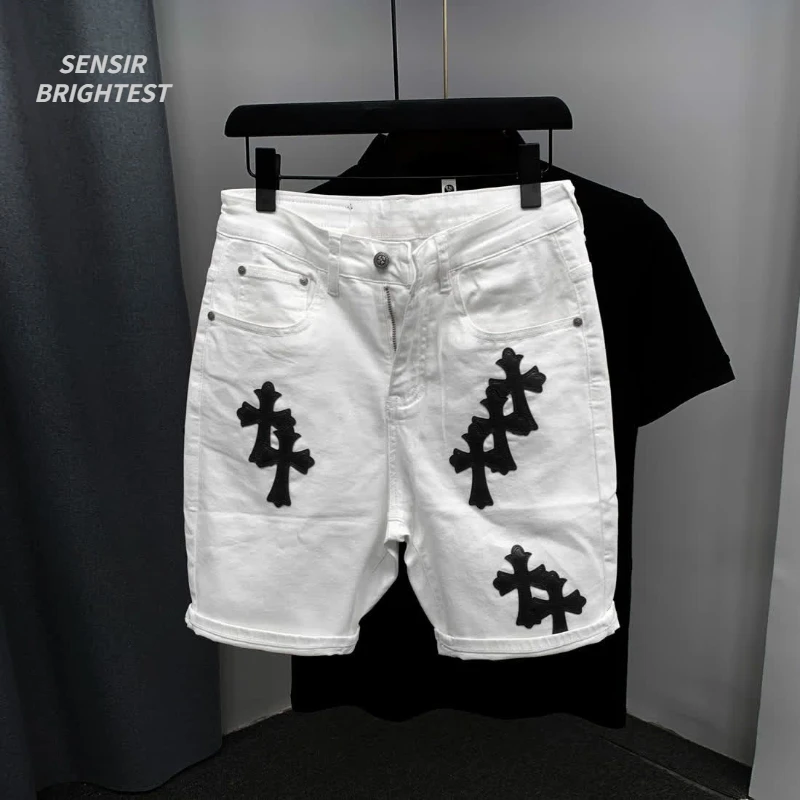 Summer Cotton Elastic Shorts Men\'s American Style Street Fashion Brand Embroidered White Denim Shorts For Men And Women