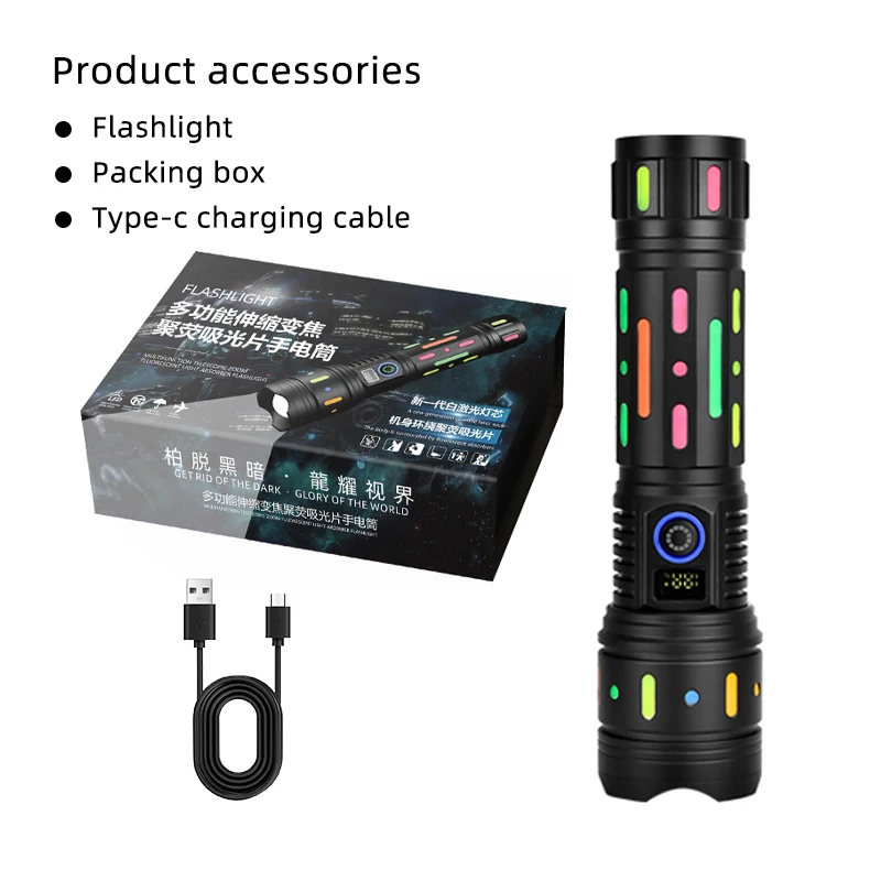 MONHNR Powerful White Laser LED Flashlight Fluorescent Absorbing Film Luminous Colorful Tactical Flashlight Power Display