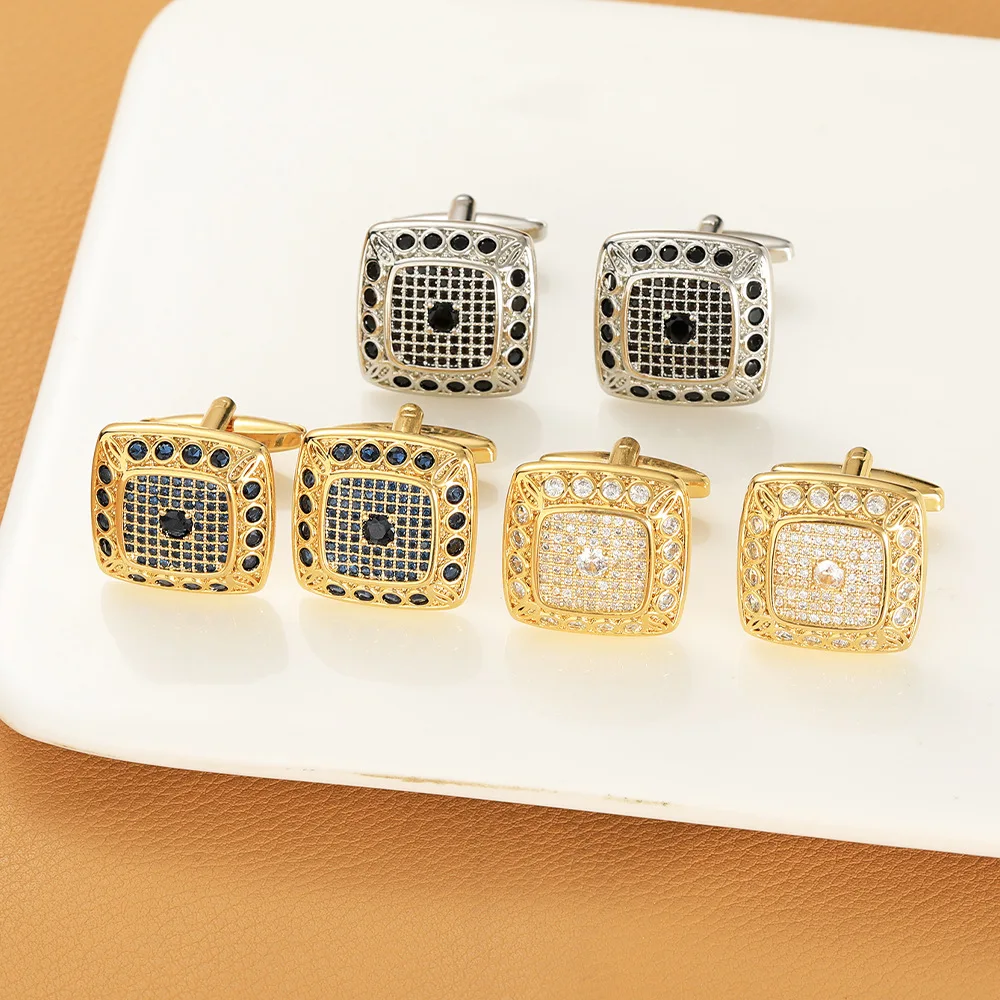 Exquisite Square Full Diamond Cufflinks Men's Business Dress Gold and Silver Zircon Cuff Buckle Vintage Plaid Cufflink Accessory