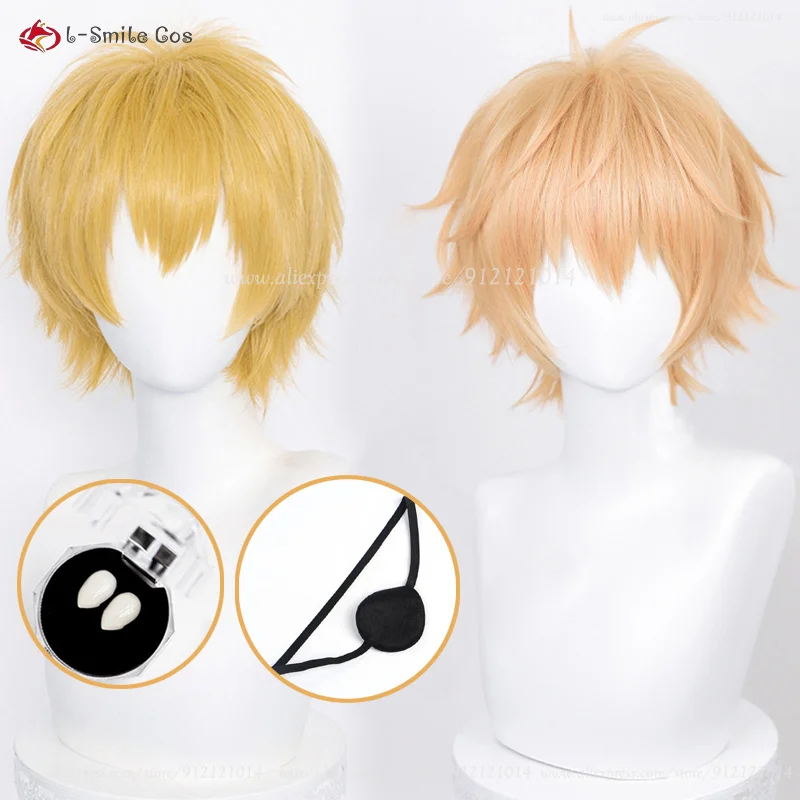 Anime Goudgeel/Oranje Gouden Denji Cosplay Pruik Anime 30Cm Korte Denji Pruiken Met Ogen Patch Rekwisieten Mannen Pruiken Pruik Cap