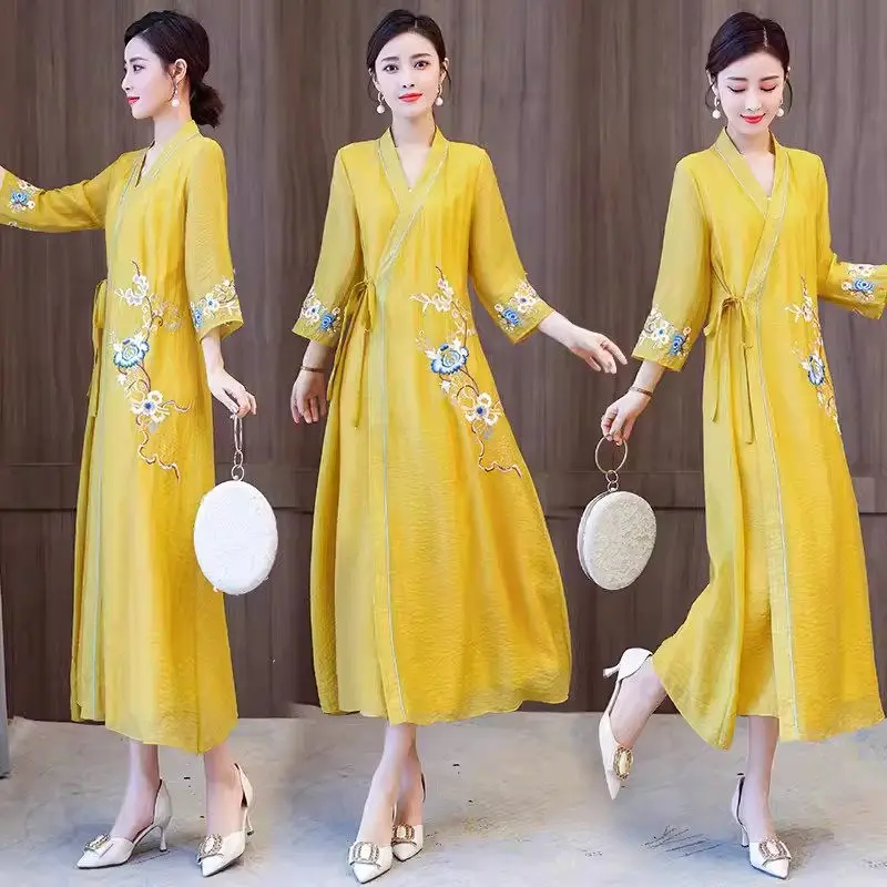 

2024 Women's Chinese Style Spring/Summer French Design Zen Retro Tea Clothing Elegant Hanfu Embroidery Improved Dress Z4769