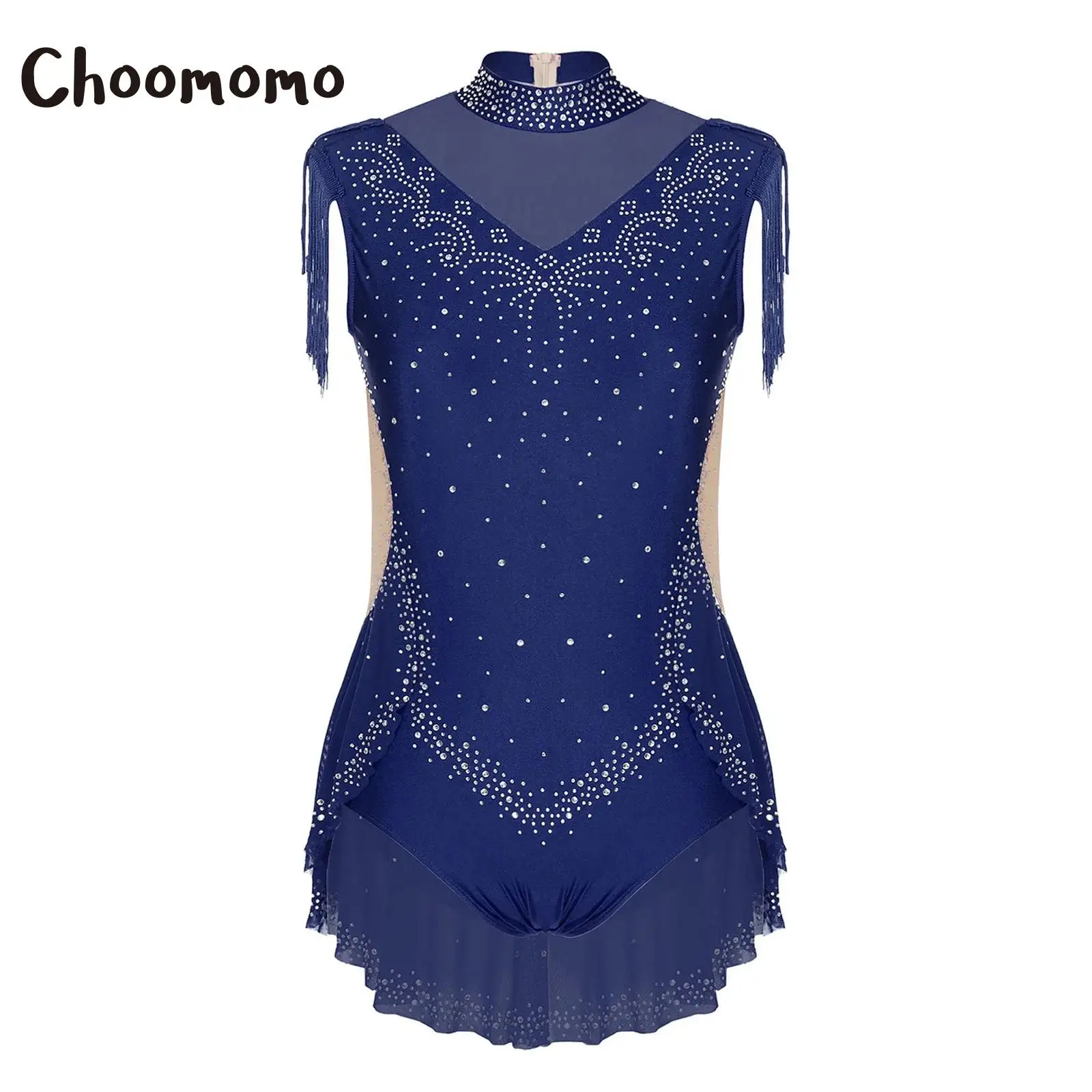 

Girls Figure Skating Rhythmic Gymnastics Leotard Ballet Jersey Sleeveless Shiny Rhinestone Tassel Skirted Bodysuit Performance