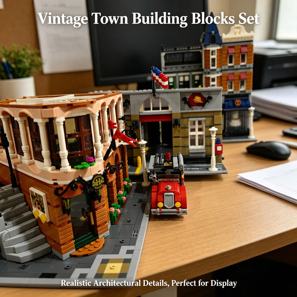 Downtown City Street View MOC Building Blocks Multi-Style Urban Landscape Model Bank Diner Boutique Hotel Jazz Club Assembly Square Buildings Exquisite Assembly Bricks Set Collectible Room Display Layout Gift for Hobbyists