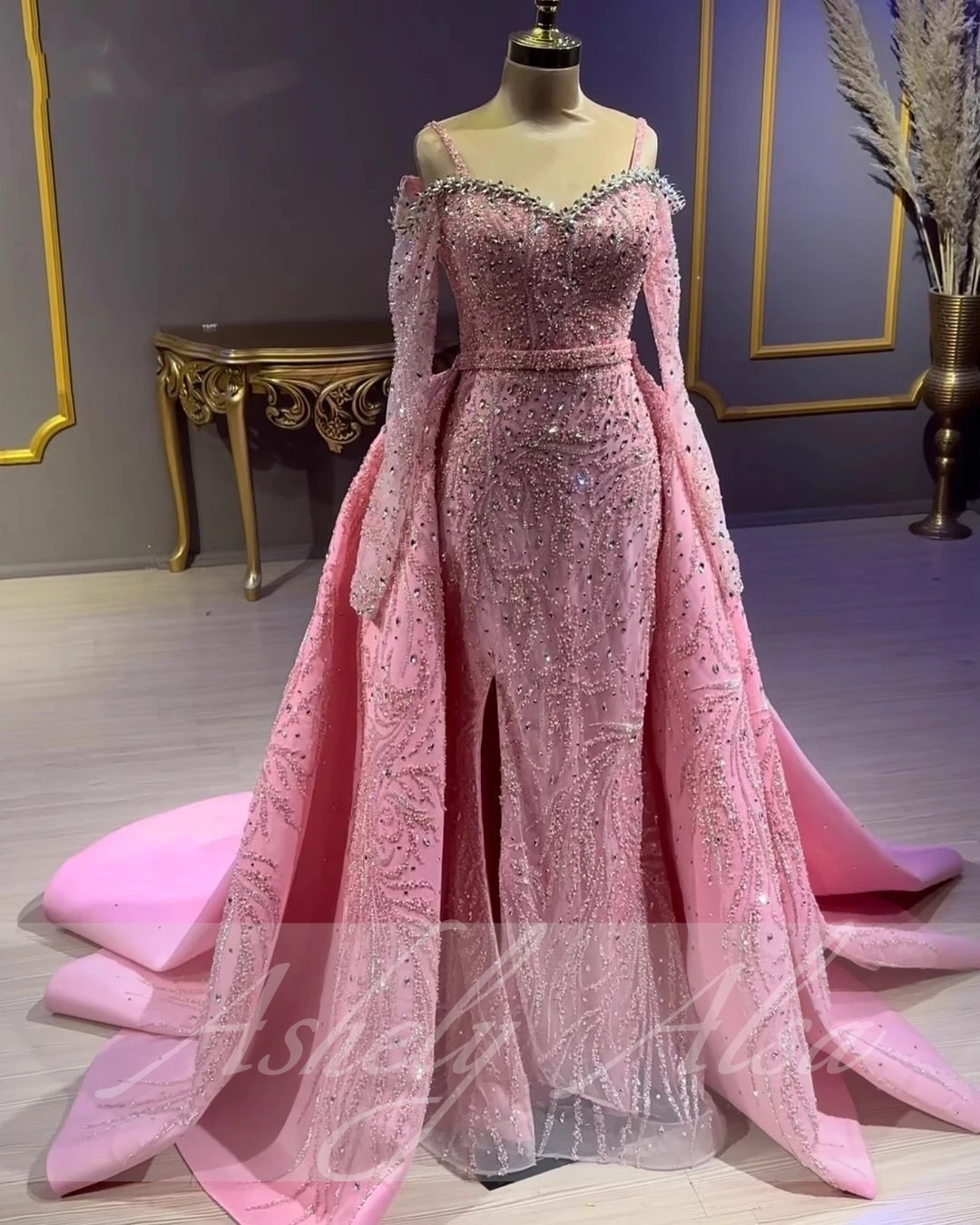 Elegant Saudi Pink Women Long Sleeve Prom Dresses With Skirt Off Shoulder Crystal Beading Prom Birthdy Party Dress Pageant Wear