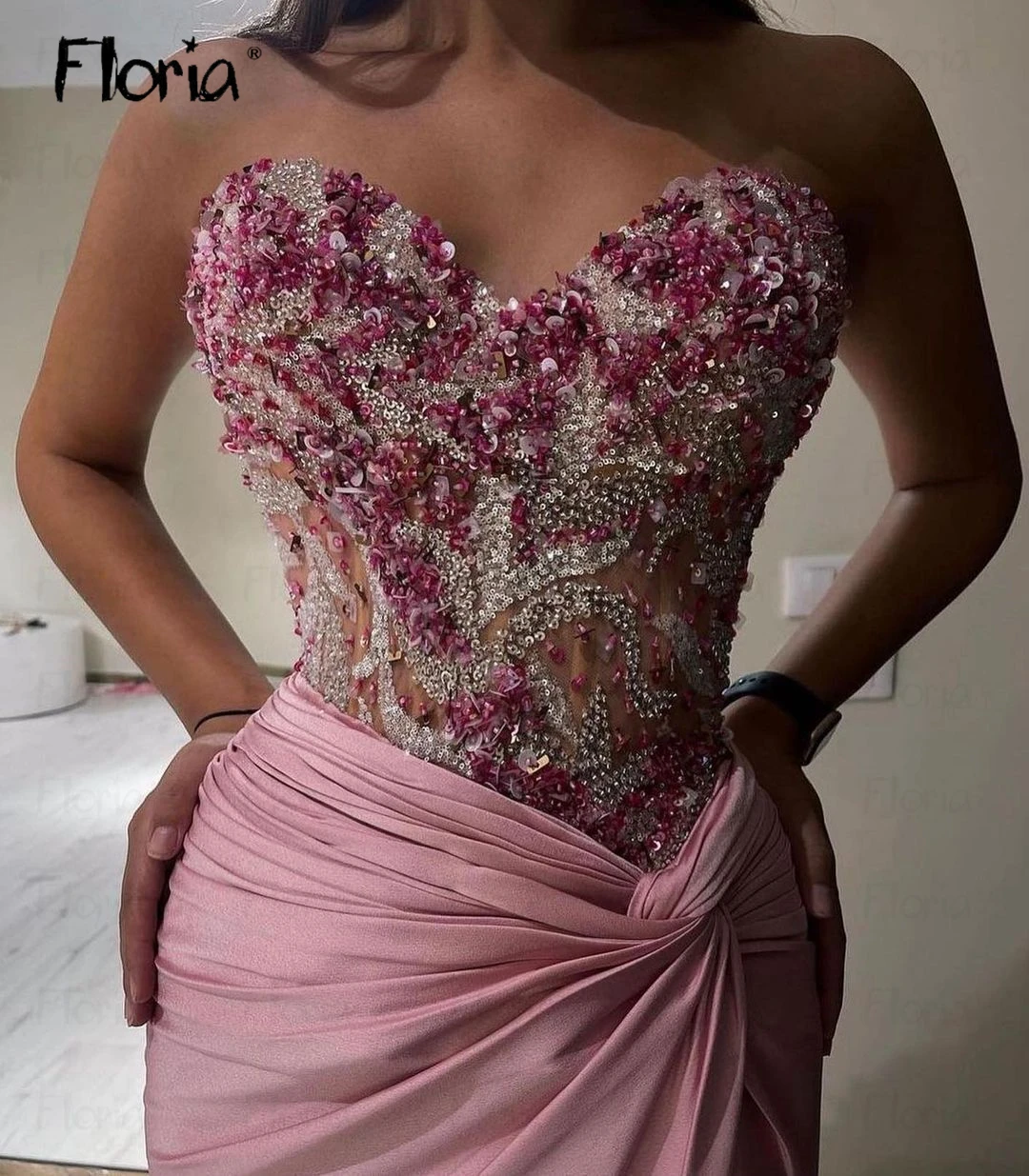 Elegante vestido rosa de festa, vestido formal, perolização, vestido de baile de formatura, concurso árabe, aniversário, luxo, 2022