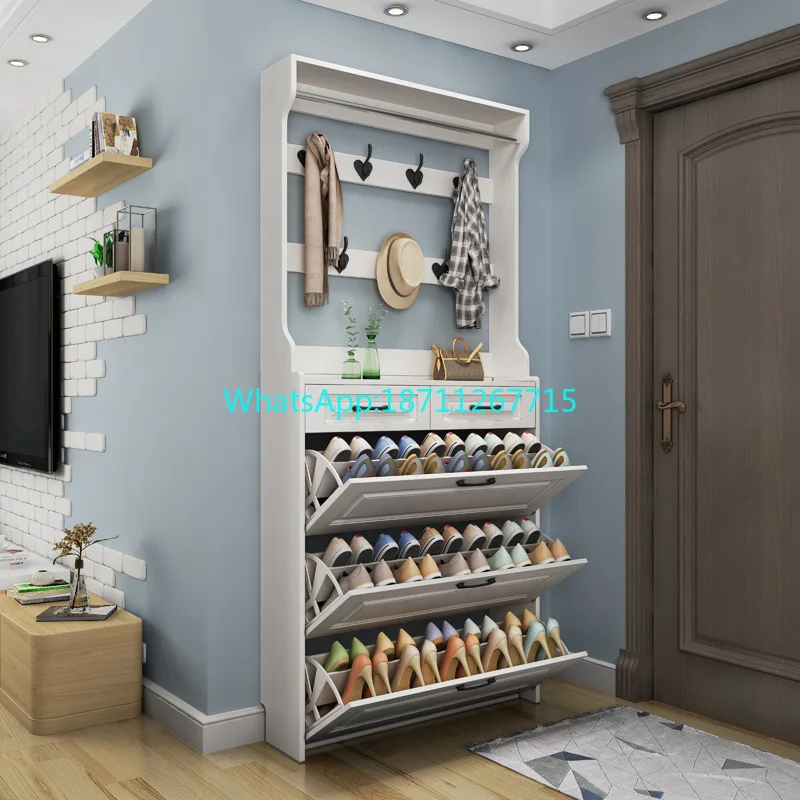 Chinese Style Entryway Cabinet, Solid Wood Shoe Storage with Coat Rack, Multifunctional Multi Layer Wall Leaning Organizer