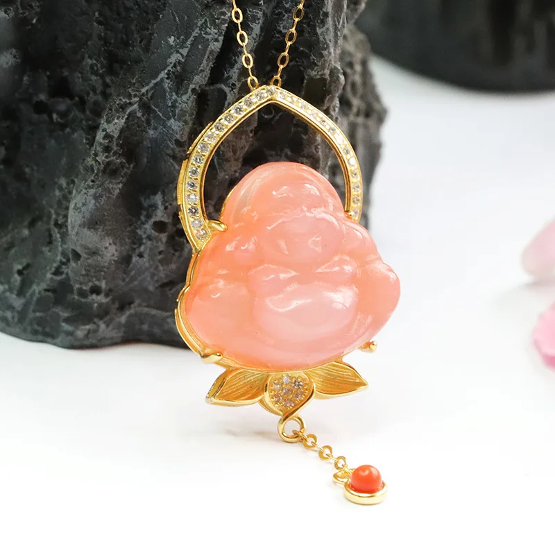 Chinese Style Lucky Natural Yanyuan Agate Laughing Buddha Pendant Necklace S925 Silver Gold Plated Inlaid Zircon Blessing Fortun