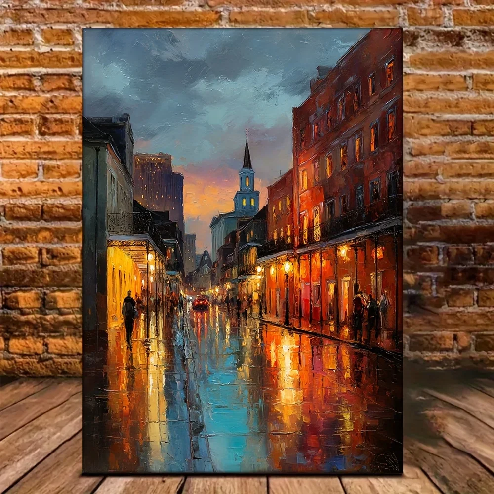 (No frame)1pc Framed New Orleans French Quarter Street Painting on Canvas - 12x16 Inch Hand-Painted Style Louisiana Art with