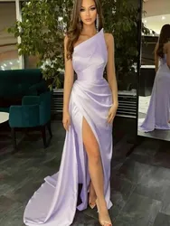 Stretchy Satin Bridemaid Dresses One Shoulder Pleats Mermaid with Slit Royal Blue VioletBlack Wedding Guest Party Gowns Formal