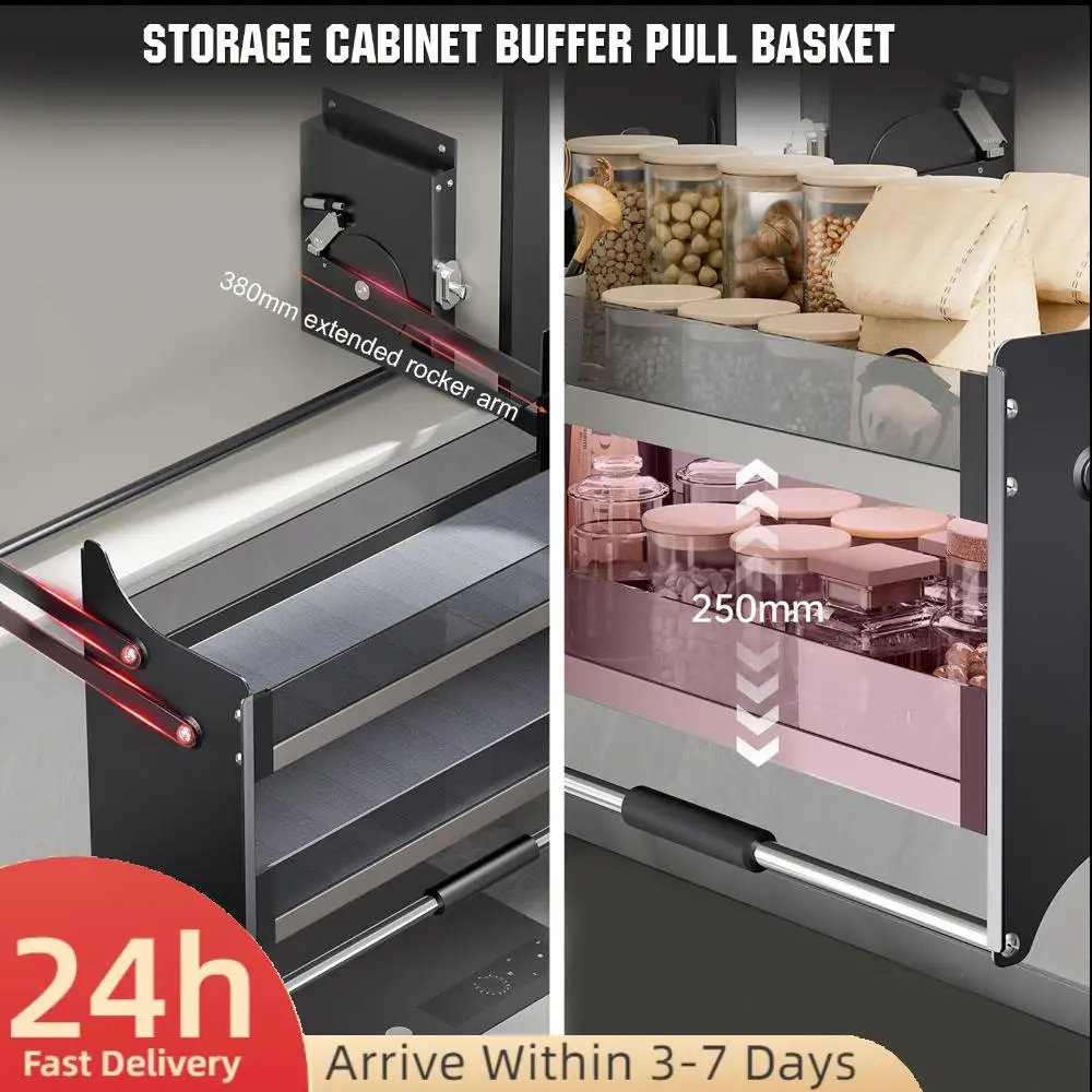 

Двухуровневая выдвижная полка для специй из алюминиевого сплава, 22,2 дюйма, органайзер для шкафа, большое пространство для хранения, 15 кг