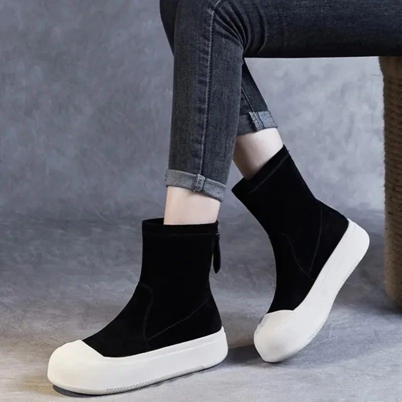 Новинка 2023 года, британские замшевые ботильоны 4 см, кожаные ботинки на танкетке, дымоход, весенние модные женские лоферы, осенняя удобная обувь из овчины Новинка 2023 года, британские замшевые ботильоны 4 см, кожаные ботинки на танкетке, дымоход, весенние модные женские лоферы, осенняя удобная обувь из овчины