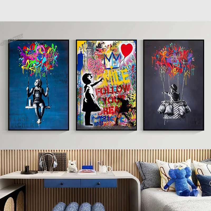 

Hot Ball Child Graffit Canvas Painting Banksy Ballon Girl Dream Big Dreams Posters Street Wall Art Pictures Cuadros Home Decor