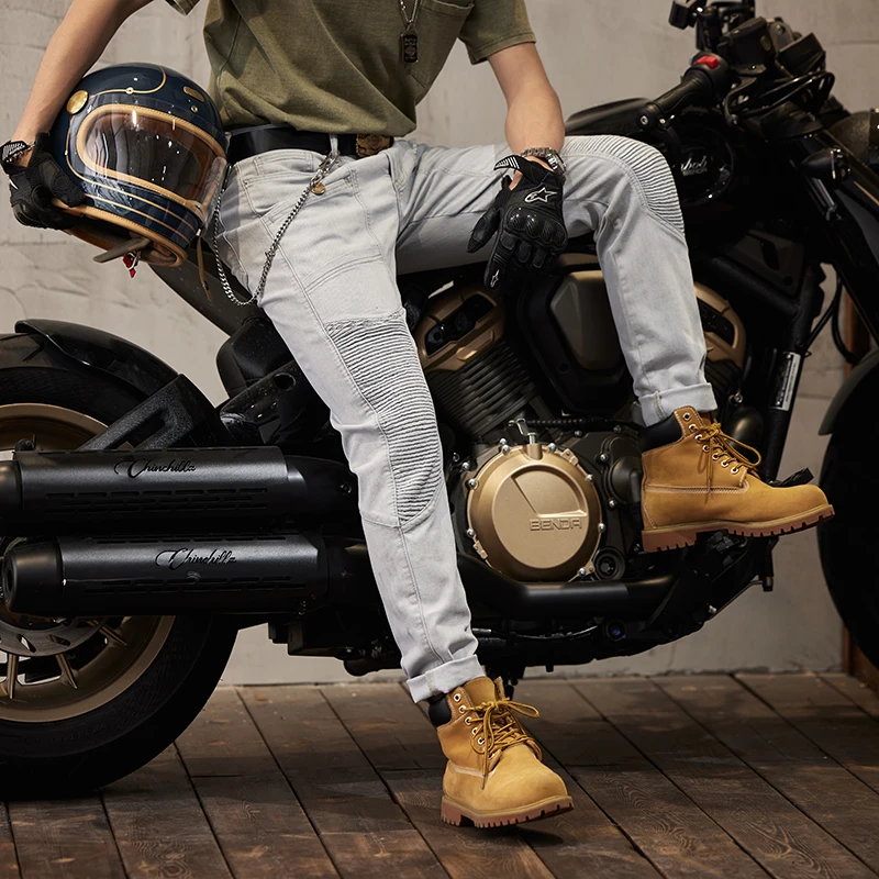 

Light Gray Jeans Men's Slim Fit Skinny Retro Street Stitching Ruffle Design Handsome Motorcycle Motor Bike Pants