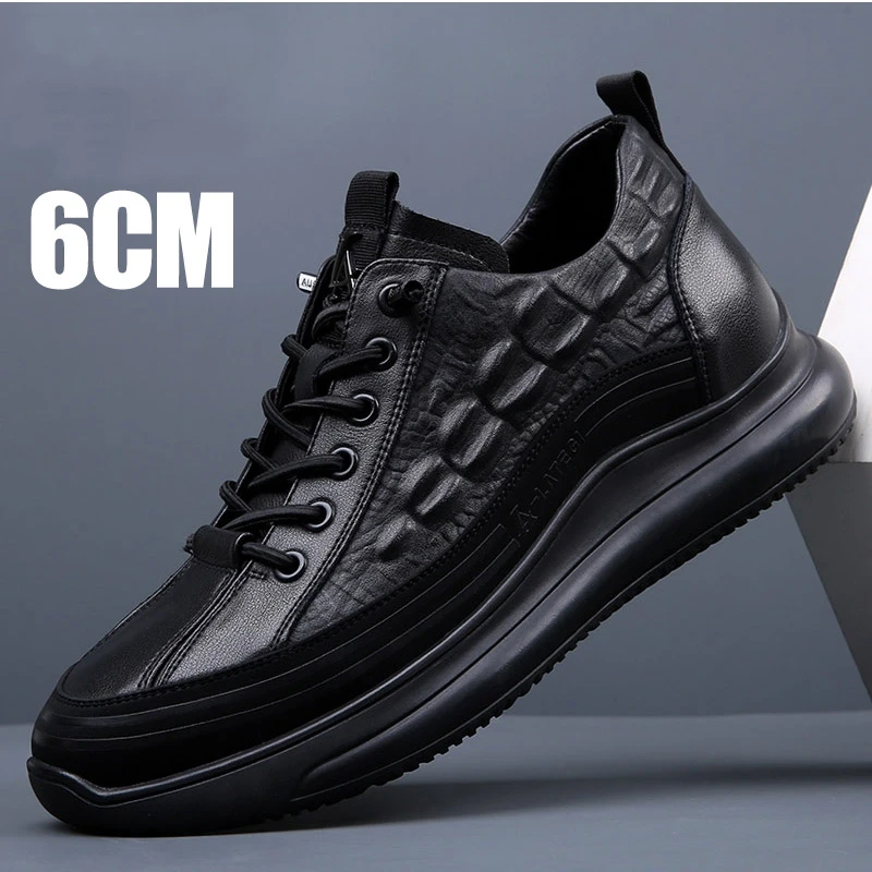 Men Genuine Leather Elevator Sport Shoes 6CM Height Increasing Comfortable Breathable Elevated Sneakers for Fashion Casual Daily