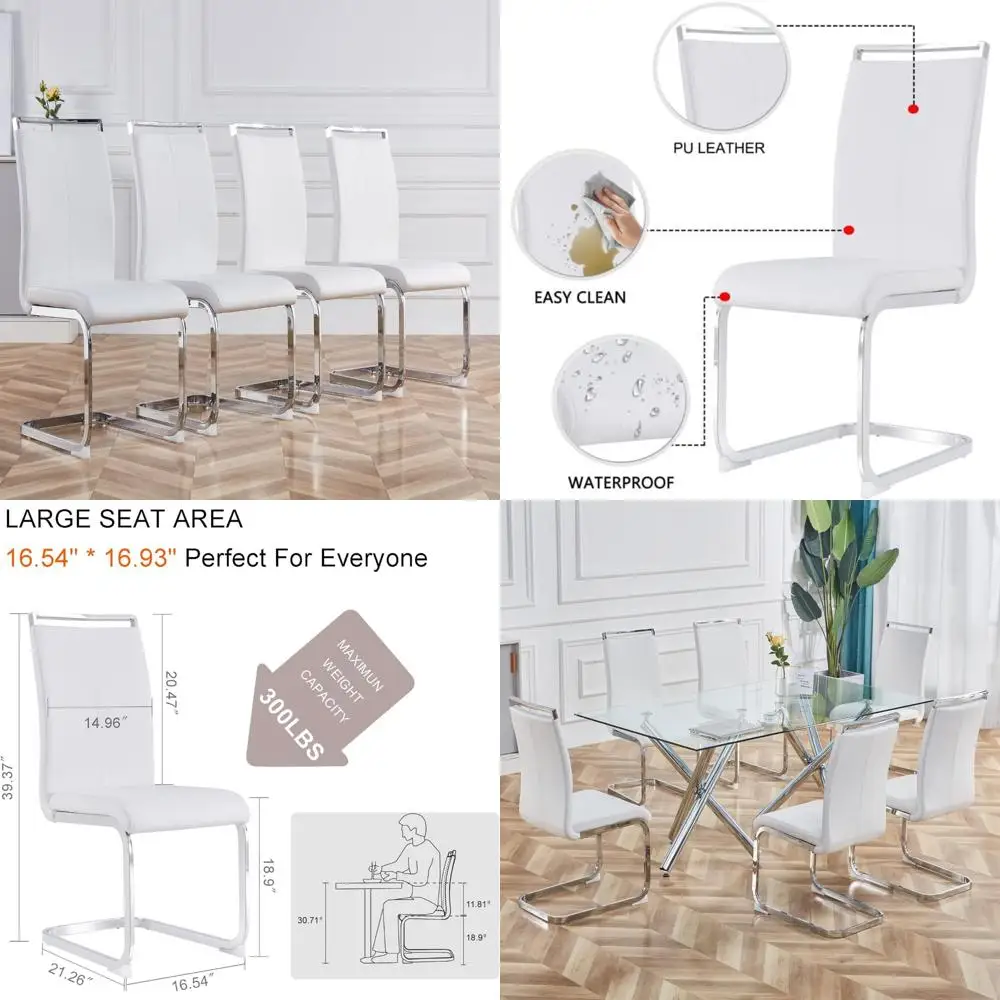 كراسي طعام معدنية حديثة مع مقاعد مبطنة من الجلد الصناعي وظهر مرتفع على أرجل كروم