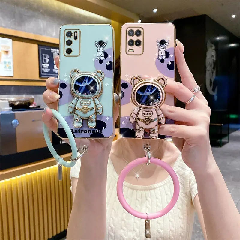 A54S Cheering Astronaut Holder Plating Phone Case For Oppo A54S A54 A15 A53 A55 A77 A83 A72 A57 A79 A31 A83 A15S A16K A31 Cover