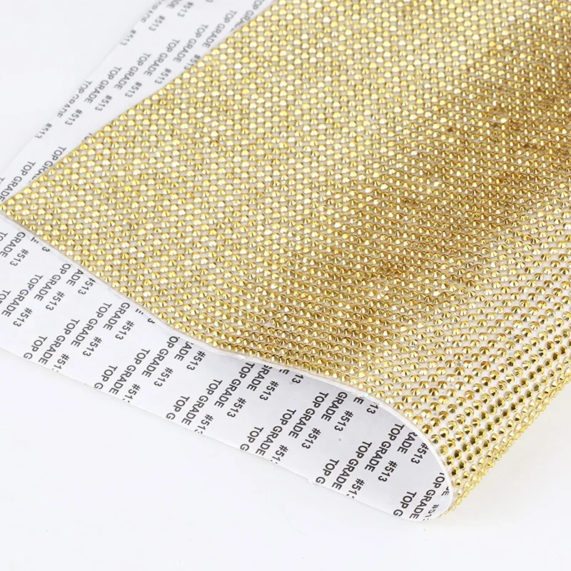 Nuovo! 42x20 cm Hotfix Flatback Gold Aurum Strass Trim Adesivo Foglio di rete con strass in resina autoadesiva per accessori fai da te