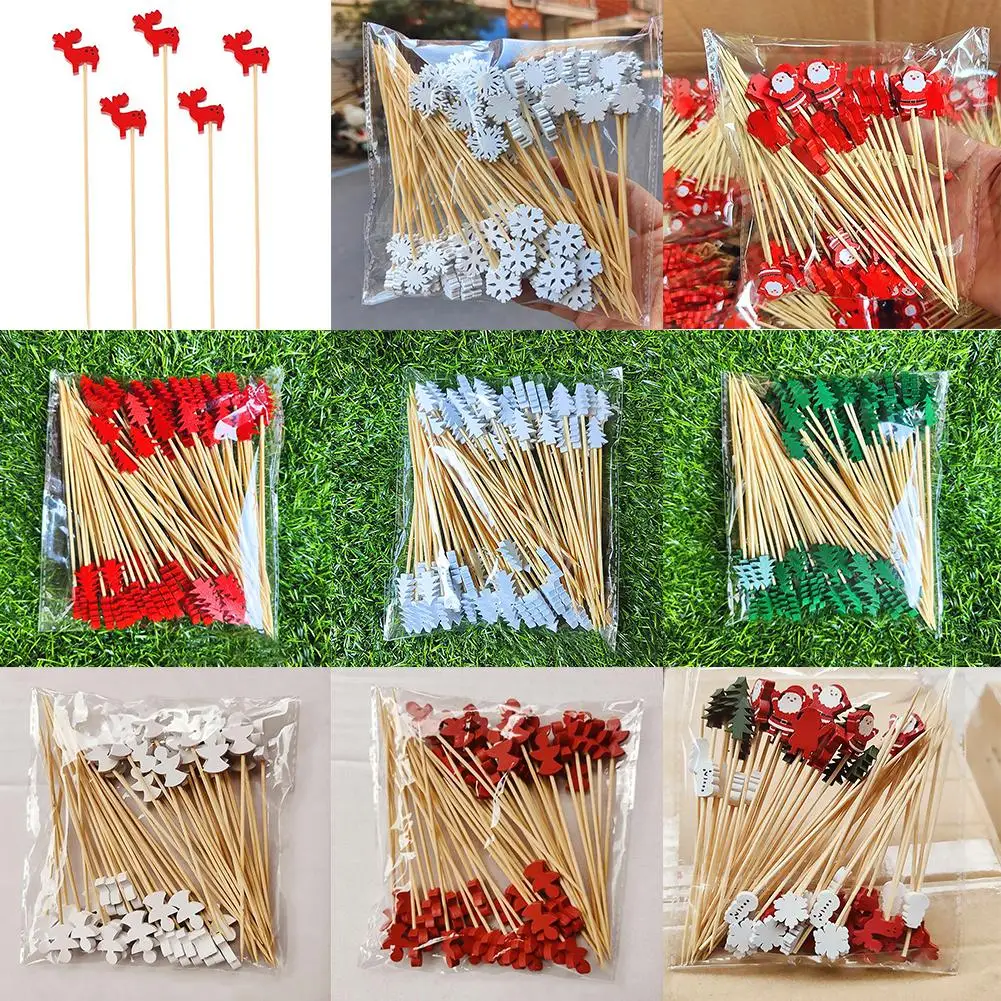 50 Teile/satz Einweg Weihnachten Bambus Essen Picks Zahnstocher Santa Elch Dessert Buffet Obst Salat Sticks Weihnachten Party Decor