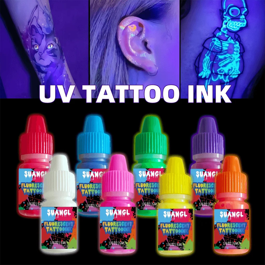 SUANGL UV Fluorescent Tattoo Ink Set -5 mL (0.166 oz) Precision Pen Pen Bottle, Colorful Luminous Effect for Festival Parties