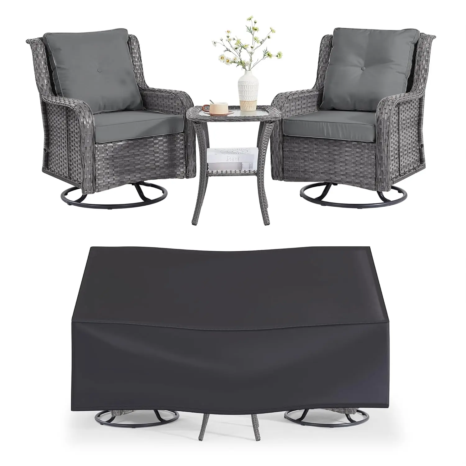 3PC Grey Wicker Patio Furniture Set 360° Swivel Rocking Chairs Rattan Side Table Garden Porch Backyard, Custom