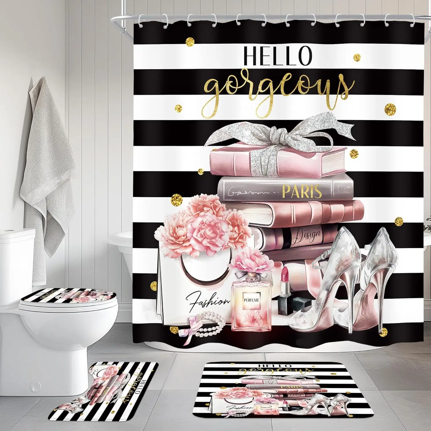 

4Pcs Pink Black Girls Bathroom Sets with Shower Curtain and Rugs, Fashion Flower Perfume Toilet Lid