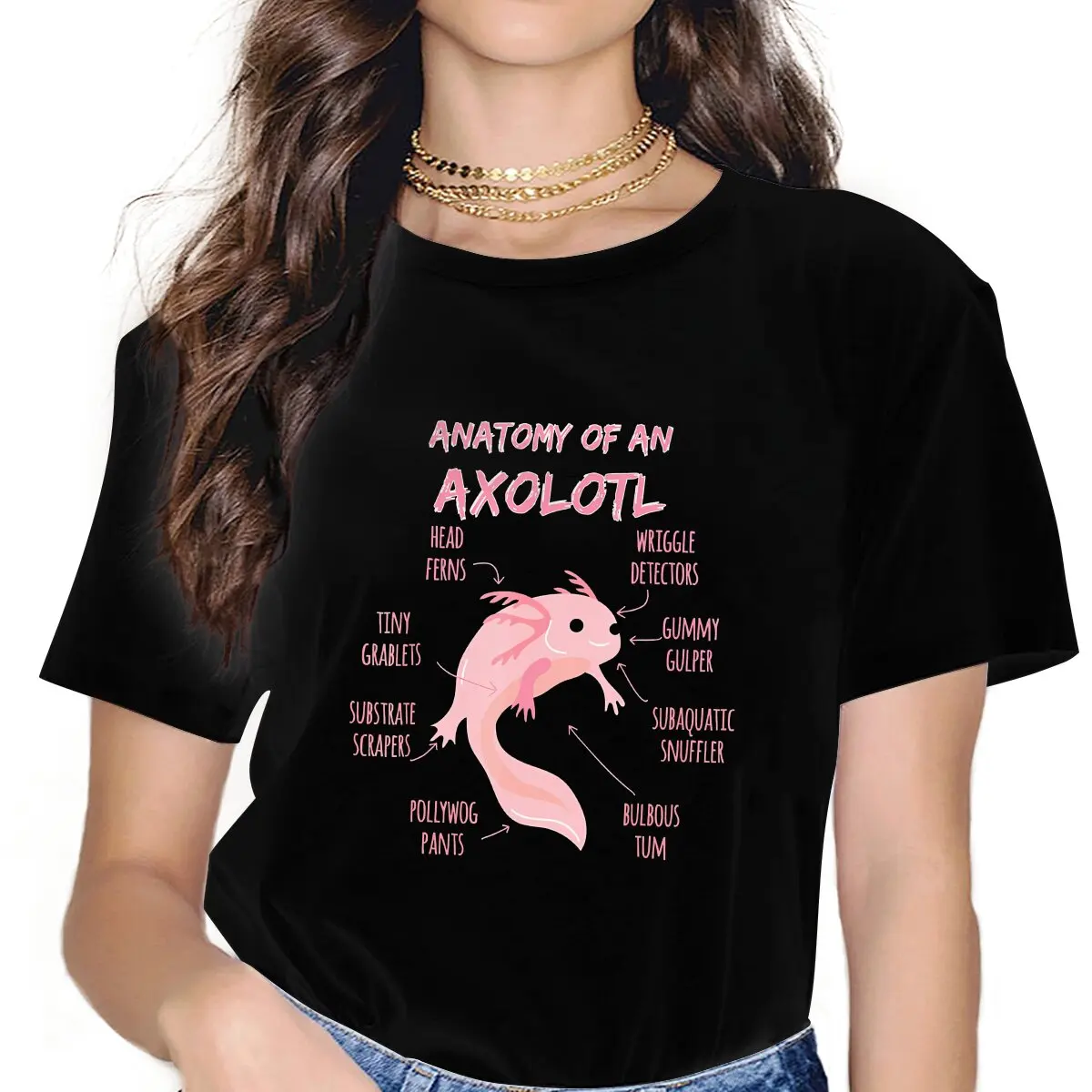 

Animal One Hundred Fish Anatomy Of An Axolotl Pink T Shirt Vintage Grunge Women's Polyester Tshirt O-Neck