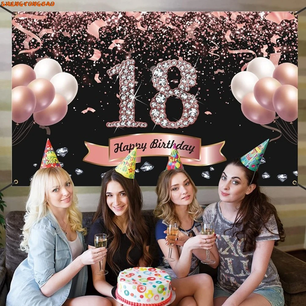 Happy 18th Birthday Backdrop Customized Black Gold Glitter Balloon Boys Girls 18 Years Old Birthday Party Photography Background