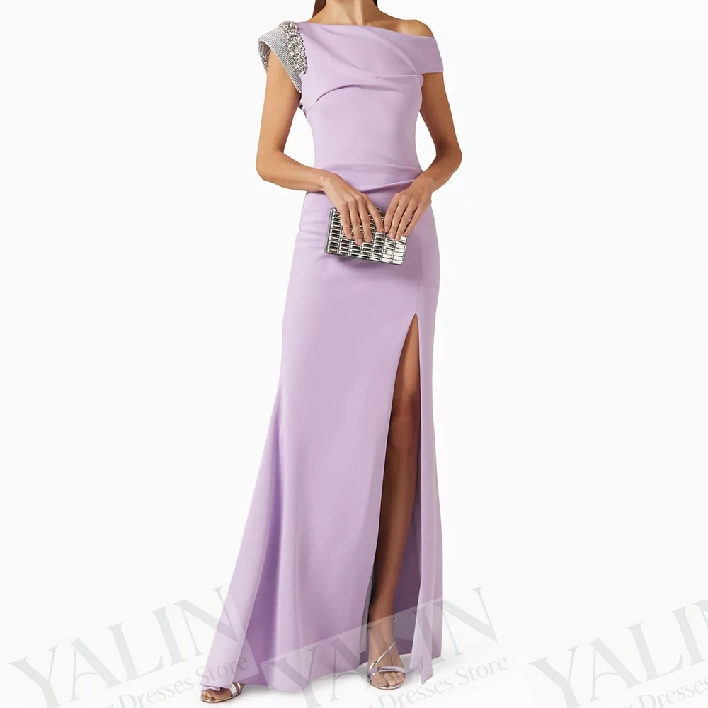 

Women's A-line Evening Dresses Floor-length Off The Shoulder Sleeveless Prom Gown Fashion Crystal Side-split Customized Gowns