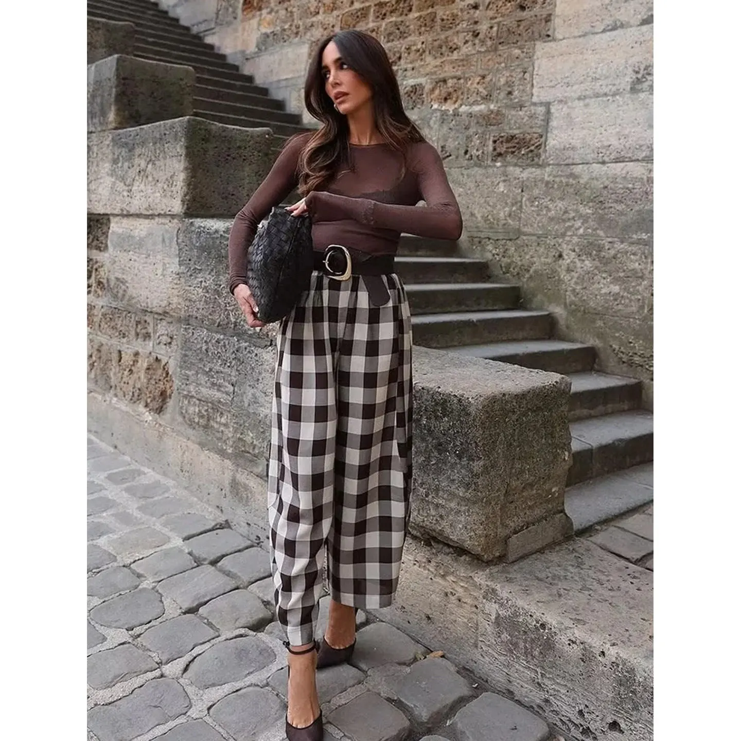 Spring Summer New Women's Loose Fit Casual Pants Checkered Long Design Elastic Waist Commuter Style Ladies Fashion Polyester ...